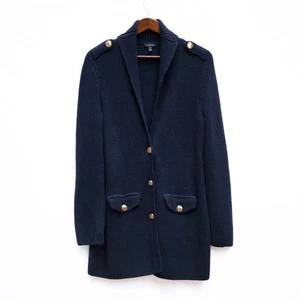 Talbots Cardigan Women M Navy Blue Chunky Knit Gold Buttons Pockets Shawl Collar - Picture 1 of 6