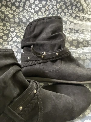 Report Slouchy Ankle Bootie Size 7 Pull On Black Faux Suede Braided Buckle Studs - Image 1 of 4