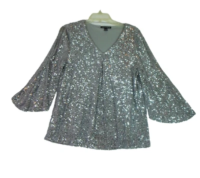 Blusa de lentejuelas plateadas calibre y cable para mujer XL manga campana fiesta club top Foto 1 de 4