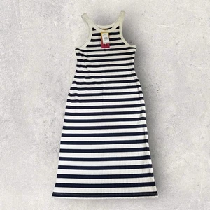Mother Move IT The Chin Ups Midi Dress Navy Stripe Knit Stretch Tank Dress Large - Picture 1 of 7