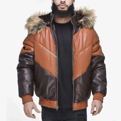 Leather Bomber Jacket with Detachable Faux Fur Hood Puffer Leather Jacket - Image 1 of 4