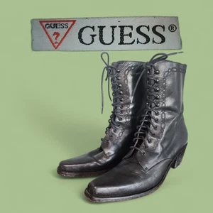 Vintage 90s Guess Black Leather Boots Victorian-style Witchy Boot Size 8 - 8.5 - Bild 1 von 21