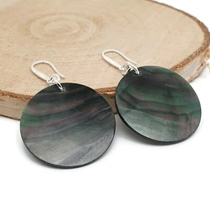 Abalone Earrings Dark Natural Shell Round Disc Dangle Drop Sterling Silver Hooks - Picture 1 of 36