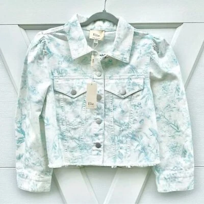 Chaqueta de Jean Elie Tahari Denim Recortada Mangas Largas Estampado Floral Talla M NUEVA Foto 1 de 4