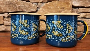UNITED BY BLUE 12 oz UPSTREAM Swimming Fish Teal Enamel Steel Set of 2 Mugs NIB - Picture 1 of 10
