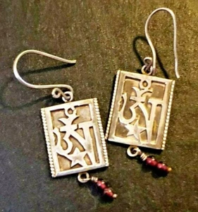 Nepal Tibet Yoga theme earrings Silver garnet dangles - Picture 1 of 4