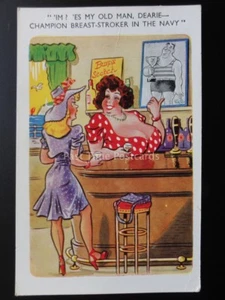 Comic Postcard: Large Bosom & Pub Theme "MY OLD MAN, CHAMPION BREAST-STROKER.."" - Picture 1 of 2