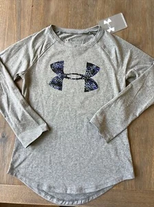 New Under Armour Long Sleeve Girls YXS Large Logo Gray Purple Heat Gear - Picture 1 of 4