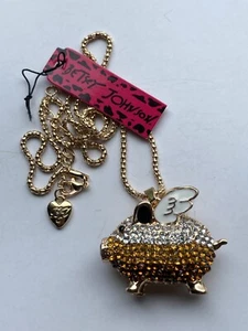 Betsey Johnson Crystal When Pig Pigs Fly Wings 3D Gold Pendant Necklace - Picture 1 of 5