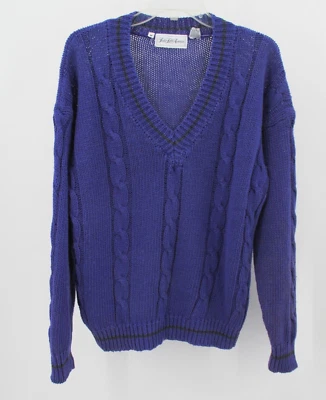 SAKS FIFTH AVENUE Cable Knit Sweater Women Size M Purple Pullover V Neck Vintage - Image 1 of 4