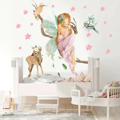 Juego de calcomanías adhesivas de tela de pared de ciervo princesa hada mágica decoración de habitación de niña Foto 1 de 3