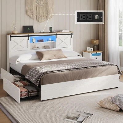Farmhouse Bed Frame California King Size with Charging Station Storage Headboard - Image 1 of 4