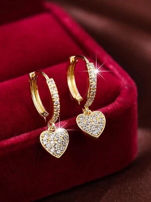 UK Women Ladies Fashion Jewelry Ziriconia Heart Rhinestone Stud Earrings Gold - Image 1 of 4