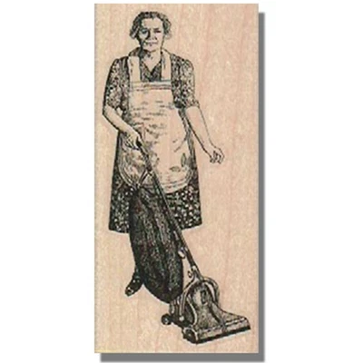 Wood Rubber Stamp, Lady With Vacuum, Woman,Old,Mother,Clean,Dress,People,Retro - Image 1 of 2