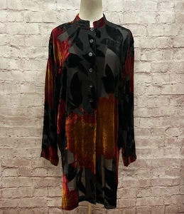 Chicos Top Size 2 L Silk Rayon Burnout Floral Sheer Tunic Boho Mandarin Collar - Picture 1 of 5