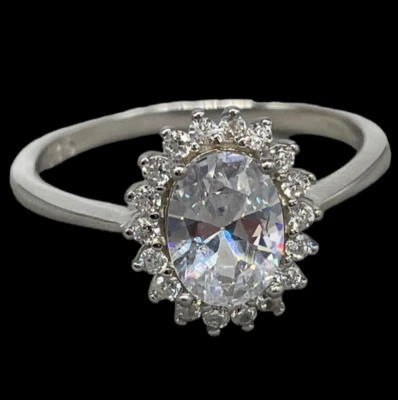 Anello femminile argento 925 solitario ovale fine da fidanzamento / anniversario - Immagine 1 di 4