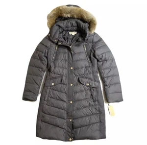 Michael Kors Faux-Fur Trim Hooded Down Puffer Coat Womens L Nylon Flannel Grey - Picture 1 of 2