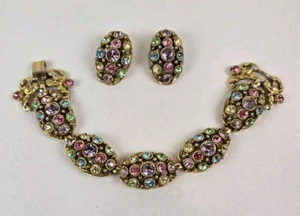 HOLLYCRAFT 1950's Multicolor Stones 2-pc. Bracelet & Clip Earing Set 7 1/2" - Picture 1 of 13