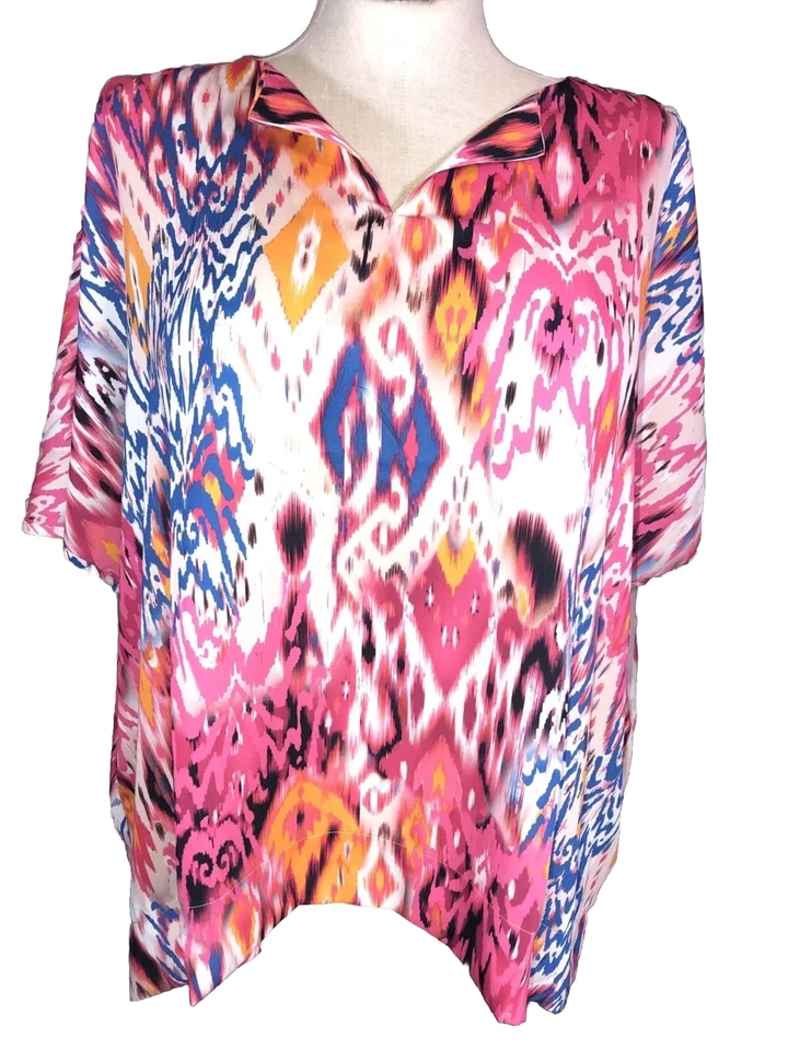 Chicos 3 XL Dolman Split Neck Blouse Blue Indigo Woven Pattern 🧡