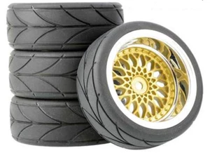 1/10 RC 26 mm raggio oro cromato ruote e pneumatici da corsa venditore Regno Unito - Foto 1 di 3