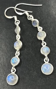 rainbow moonstone drop earrings round solid Sterling Silver, 55mm total length. - Picture 1 of 9