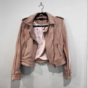 bebe Blush Pink Suede Like Mat. Moto Jacket Cropped Silver Zipper/ Soft Size M - Picture 1 of 5