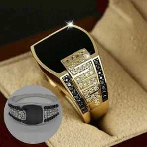 Diamond Man's Ring Diamond Ring Golden Wide Fashion Hip Face with Black Ornament - Picture 1 of 8