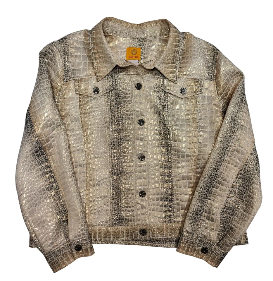 Ruby Rd. Womens Metallic Croc-Embossed Jacket Size 16 Button-Front Long Sleeve - Image 1 of 4