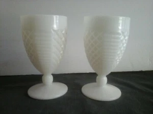 2 VINTAGE MIDCENTURY WESTMORELAND ENGLISH MILK GLASS GOBLETS DIAMOND HOBNOB - Picture 1 of 4