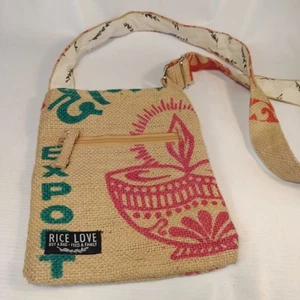 Rice Love Everyday Purse Crossbody Bag Recycled Burlap Rice Bag Hippie - Picture 1 of 7