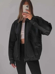 Wome's 90s Vintage Oversized Black Leather Handmade Bomber Jacket Flight Coat - Picture 1 of 6