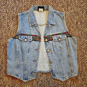 VTG Five Star Roper Southwestern Lightwash Denim Button-up Vest Aztec Accents Lg - Picture 1 of 9