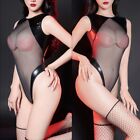 Black Stretchy Tights Sheer Leotard in Women Pu Leather Mesh See Though