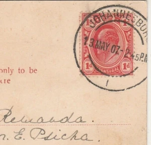 SOUTH AFRICA-EGYPT Rare 1d. Transvaal Tied CD Johannesburg Tied P.C. Alex 1907 - Picture 1 of 3