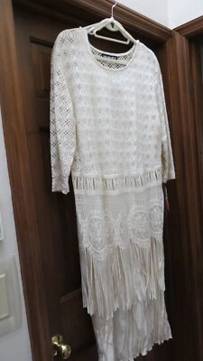 SHARADE OF CALIFORNIA VINTAGE 70'S-80'S CREAM 2 PC. FRINGE DRESS SIZE 18W -NWT - Image 1 of 4