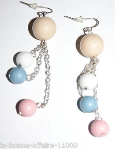 BOUCLES D'OREILLES FANTAISIE PENDANTE PERLE BEIGE BLANCHE BLEU LONGUE soirée - Picture 1 of 1