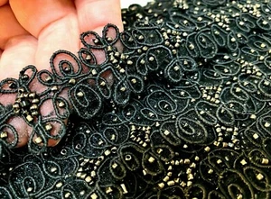 embroidered hand sewn 1 1/4" trim soutache glass beads scallop 1yd black bronze - Picture 1 of 7