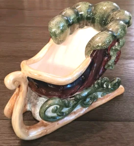 Holly Poinsettia Christmas Sleigh Vintage Ceramic Candy Bowl Planter COLORFUL! - Picture 1 of 9