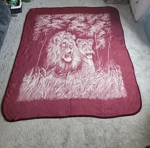 vintage San Marcos huge reversible blanket lion and mate 78x92 Maroon tan colcha - Picture 1 of 10