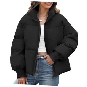 Womens Cropped Puffer Jacket Winter Warm Quilted Jackets Baggy X-Large Black - Picture 1 of 7