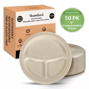 Ibambo Bamboo Disposable Compartment Plates - 9 Inch, 50 Pack, Compostable - Picture 1 of 9