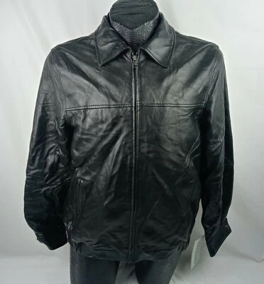 Excelled Bomber Jacket Size Small Mens Black Genuine Leather Full Zip $450 MSRP - Image 1 of 4