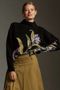 Anthropologie Maeve Carys schwarzer geblümter Pullover mit Stehkragen (Größe S) - neu mit Etikett - Bild 1 von 3