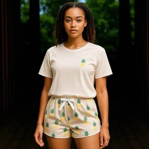 Shein Beige Pineapple Short Sleeve Crop Top Short Beige PJ Set Women’s Sz S NEW - Picture 1 of 10