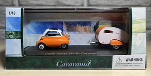 Cararama BMW Isetta 250 & Teardrop Caravan - Orange & White 1:43 Scale NIB - Picture 1 of 6