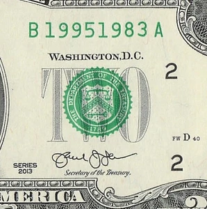 1995 1983 Tombstone Date Fancy Serial Number Date Note Two Dollar Bill Crisp UNC - Bild 1 von 11