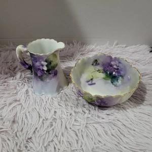 RARE Antique Haviland France Violet Open Sugar Bowl and Creamer READ SEE PICS - Picture 1 of 21