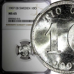 SWEDEN Oscar II Silver 1907 EB 10 Ore 1 YEAR TYPE NGC MS65 GEM BU KM# 774 (013) - Picture 1 of 5