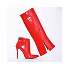 Womens Patent Leather Pull On Pointed Toe High Stiletto Heels Knee High Boots