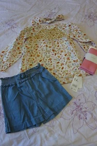Mothercare girls smoke blouse , soft denim shorts tights & headband set 4p 3-4Y - Picture 1 of 6
